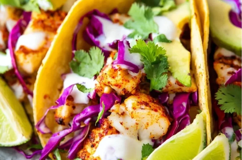 Delicious Baja fish tacos topped with fresh salsa and cilantro