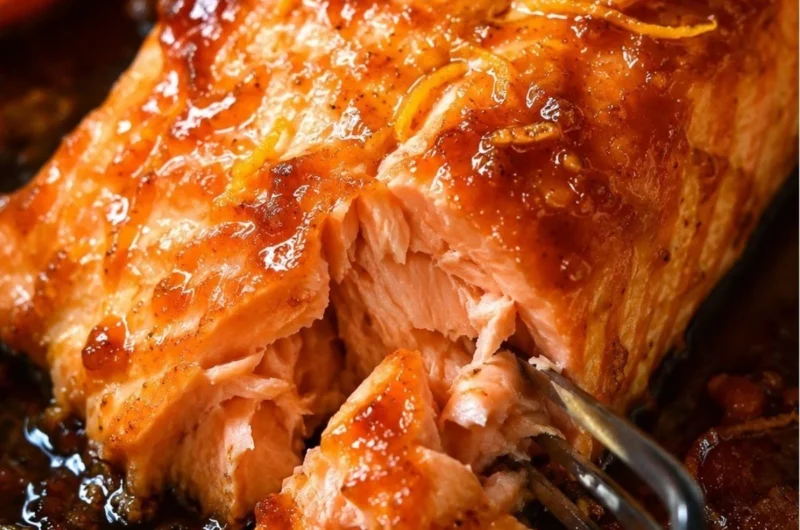 Baked salmon drizzled with orange sauce, garnished with fresh herbs