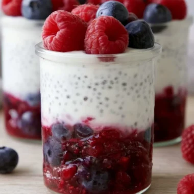 Berry & Chia Yogurt Parfait with fresh fruits and yogurt in a clear glass