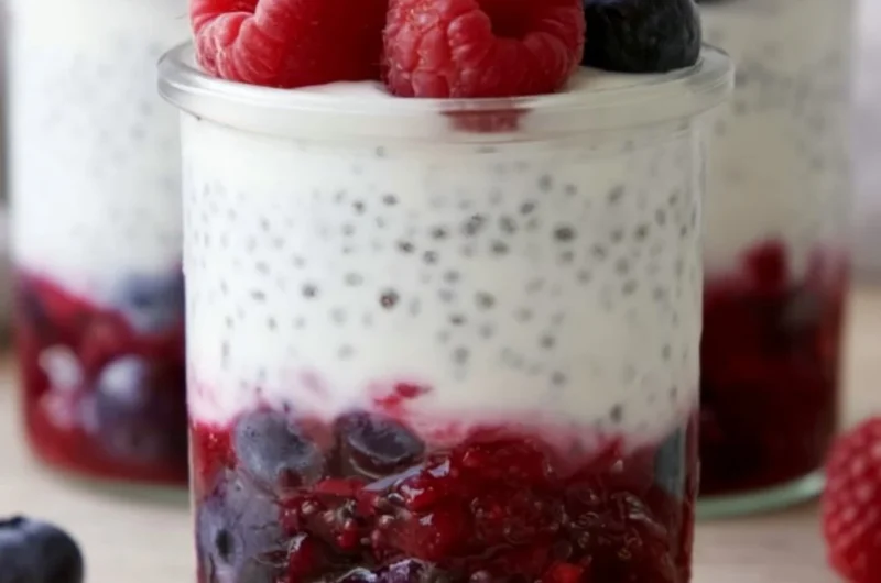 Berry & Chia Yogurt Parfait with fresh fruits and yogurt in a clear glass