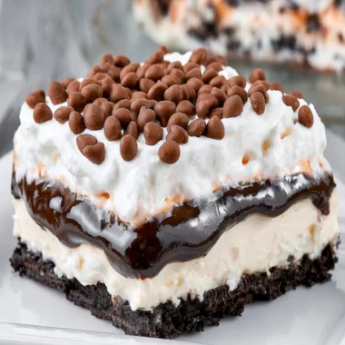 Delicious Chocolate Lasagna dessert layered with creamy chocolate and whipped topping