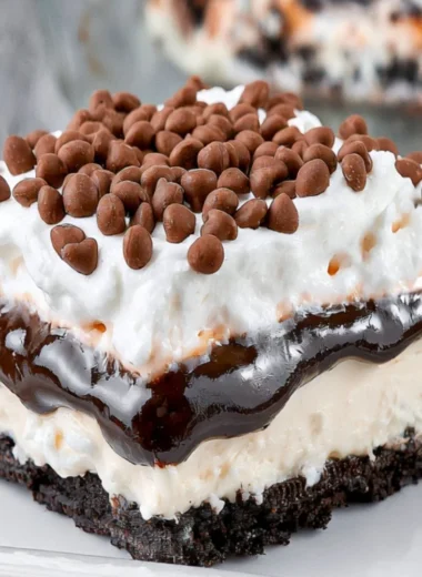 Delicious Chocolate Lasagna dessert layered with creamy chocolate and whipped topping