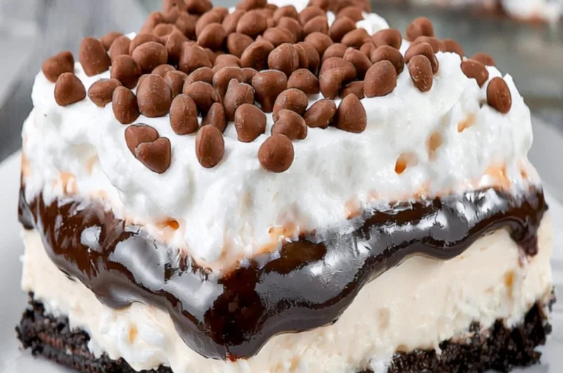 Delicious Chocolate Lasagna dessert layered with creamy chocolate and whipped topping