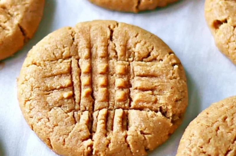 Cozy 3-ingredient peanut butter cookies on a baking tray.