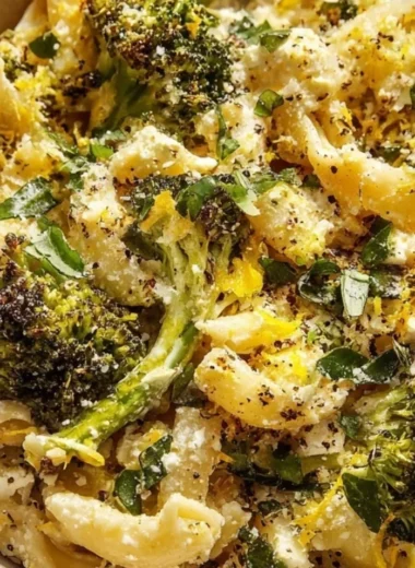 Cozy baked feta pasta with broccoli in a creamy sauce, served in a bowl.