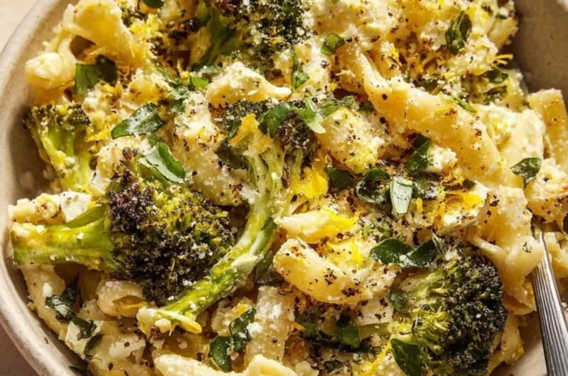 Cozy baked feta pasta with broccoli in a creamy sauce, served in a bowl.