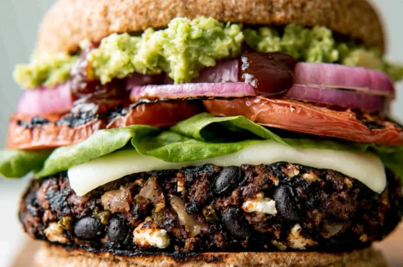 Cozy black bean burgers served with fresh toppings and a side of salad