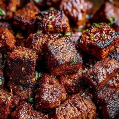 Cozy Cajun Butter Steak Bites served on a platter with herbs