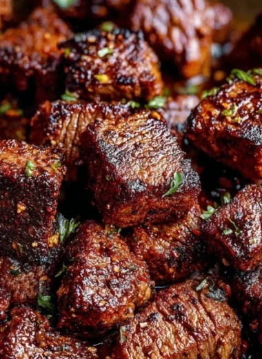 Cozy Cajun Butter Steak Bites served on a platter with herbs