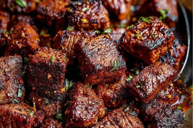 Cozy Cajun Butter Steak Bites served on a platter with herbs
