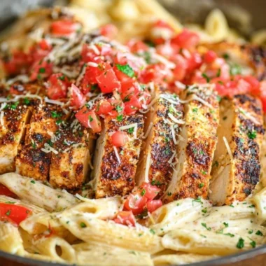 Delicious bowl of cozy Cajun Chicken Pasta topped with herbs and spices.