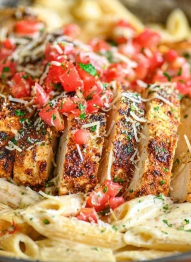 Delicious bowl of cozy Cajun Chicken Pasta topped with herbs and spices.
