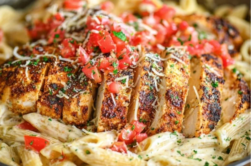 Delicious bowl of cozy Cajun Chicken Pasta topped with herbs and spices.