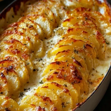 Deliciously creamy and cheesy potatoes gratin in a baking dish