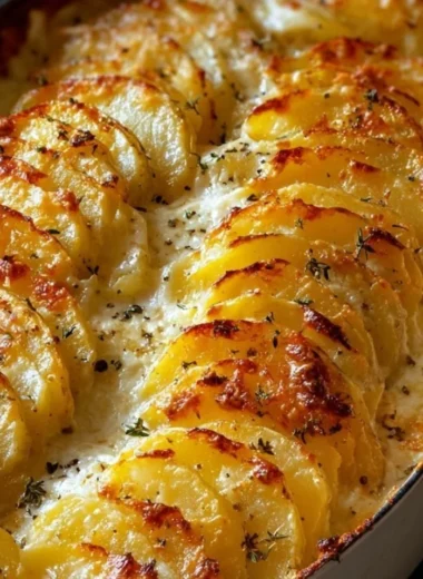 Deliciously creamy and cheesy potatoes gratin in a baking dish