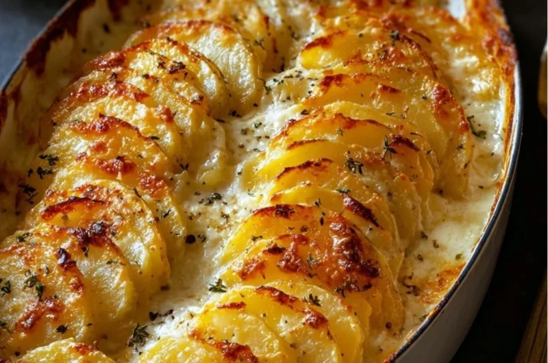 Deliciously creamy and cheesy potatoes gratin in a baking dish