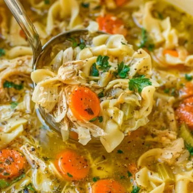 Bowl of cozy chicken noodle soup garnished with herbs and vegetables