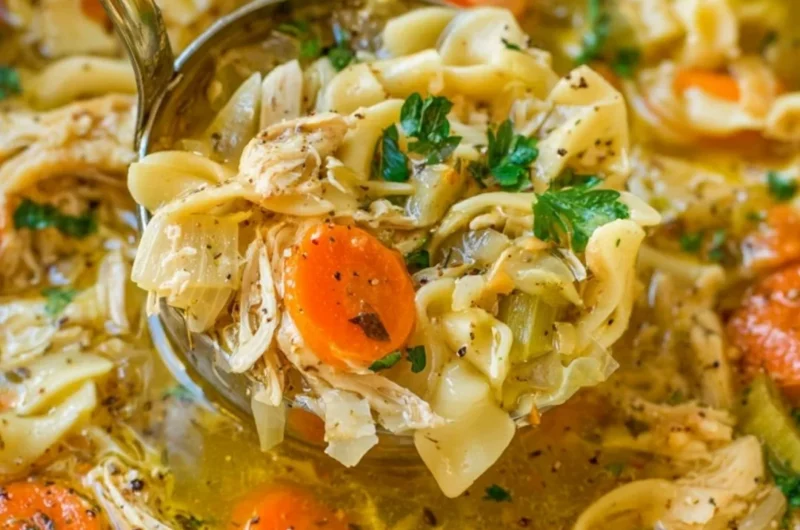 Bowl of cozy chicken noodle soup garnished with herbs and vegetables