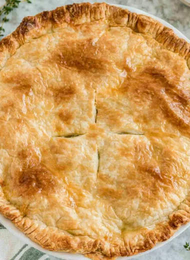Delicious cozy chicken pot pie served in a rustic dish