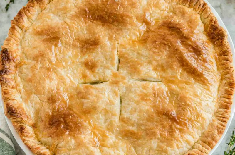 Delicious cozy chicken pot pie served in a rustic dish