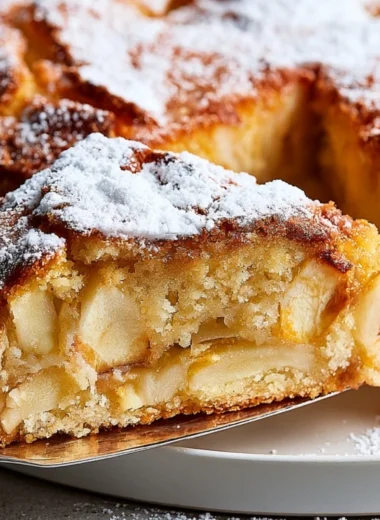 Cozy French Apple Cake with slices of fresh apples and a dusting of powdered sugar.