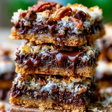 Delicious Hello Dolly magic cookie bars topped with chocolate and coconut.