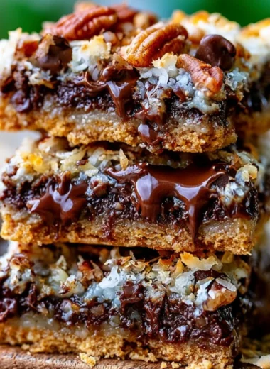 Delicious Hello Dolly magic cookie bars topped with chocolate and coconut.