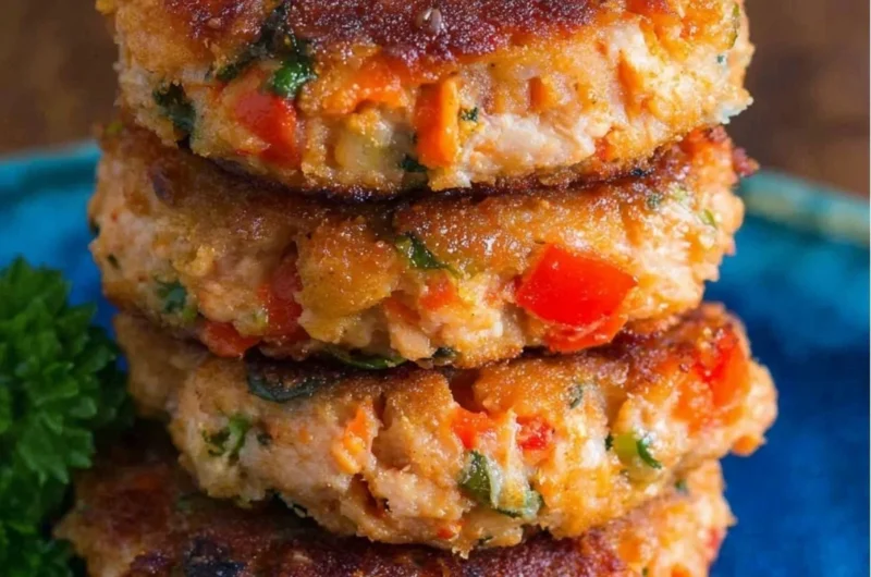 Cozy salmon patties served on a plate with fresh greens and dipping sauce