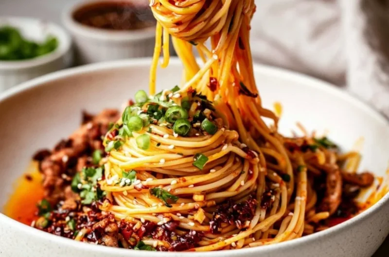 Bowl of cozy Szechuan noodles garnished with green onions and chili peppers