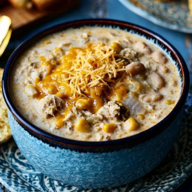 Bowl of cozy white chili topped with cilantro and sour cream