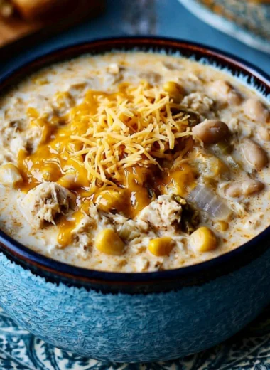 Bowl of cozy white chili topped with cilantro and sour cream