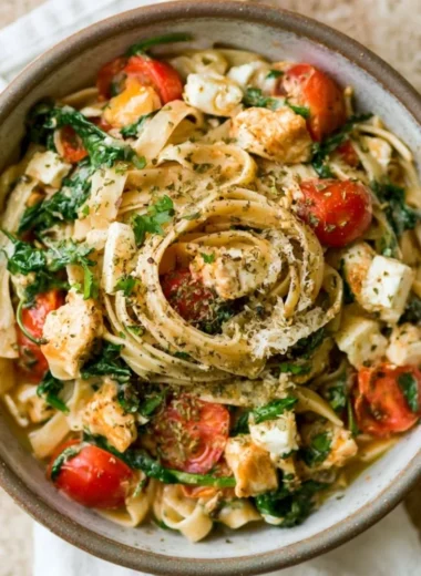 Bowl of creamy chicken feta spinach pasta with fresh ingredients