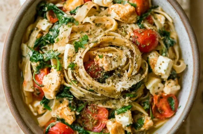 Bowl of creamy chicken feta spinach pasta with fresh ingredients