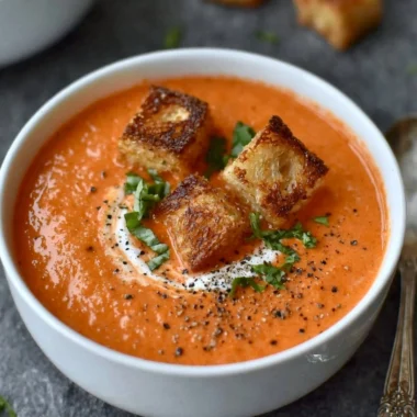 Bowl of easy creamy tomato soup garnished with fresh basil and cream