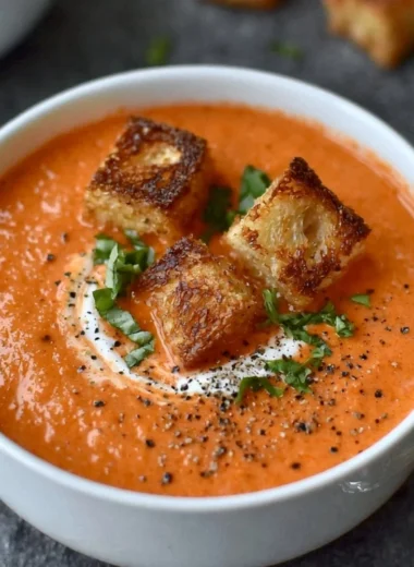 Bowl of easy creamy tomato soup garnished with fresh basil and cream