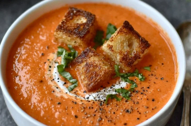 Bowl of easy creamy tomato soup garnished with fresh basil and cream