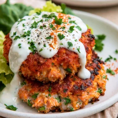 Easy salmon patties served with lemon garlic sauce