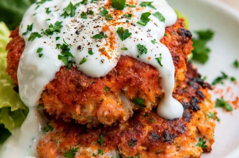 Easy salmon patties served with lemon garlic sauce