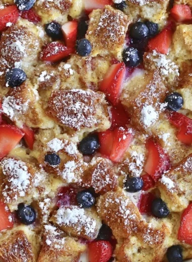 Delicious French Toast Casserole topped with syrup and berries