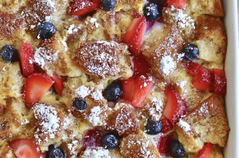 Delicious French Toast Casserole topped with syrup and berries