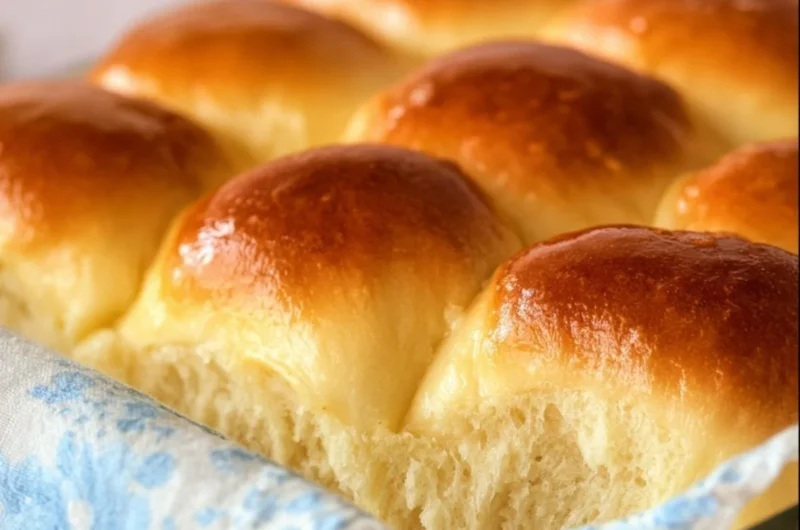 Freshly baked Grandma's buttery dinner rolls on a wooden table