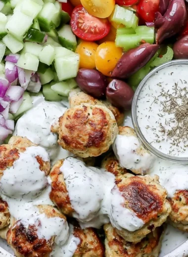 Delicious Greek chicken meatballs served with tzatziki sauce