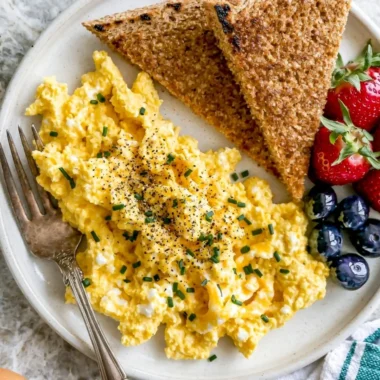High-protein scrambled eggs with cottage cheese served in a bowl