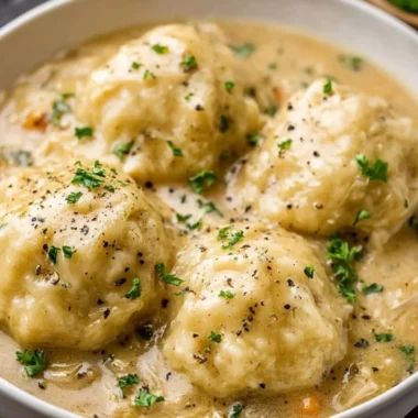 A bowl of homemade chicken and dumplings garnished with herbs