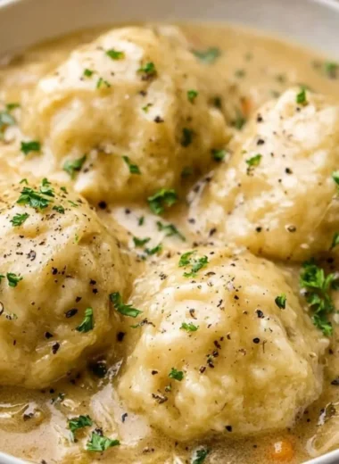 A bowl of homemade chicken and dumplings garnished with herbs