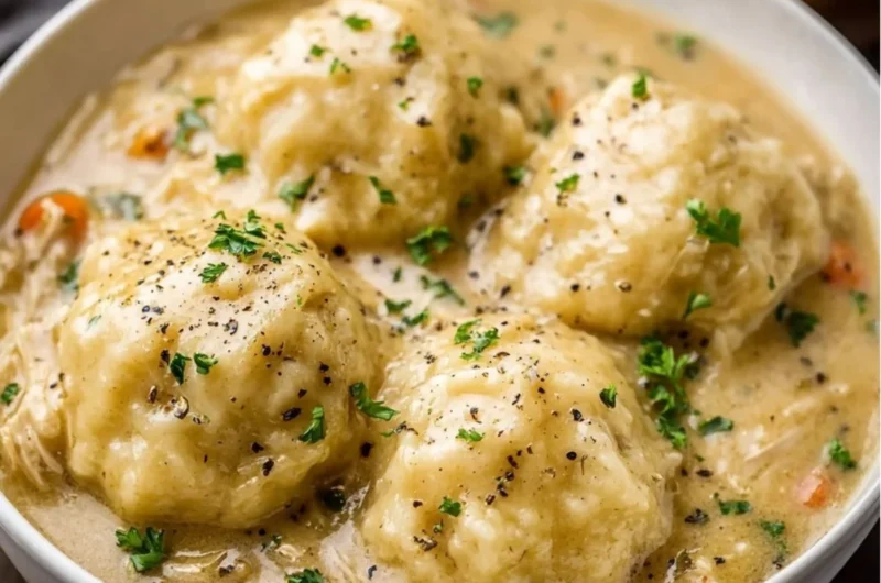 A bowl of homemade chicken and dumplings garnished with herbs