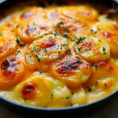 Creamy homemade scalloped potatoes in a baking dish, topped with golden cheese.