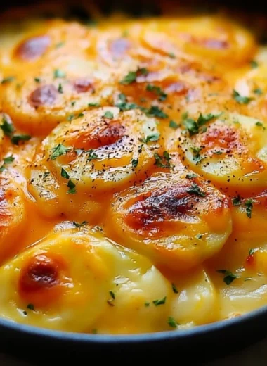 Creamy homemade scalloped potatoes in a baking dish, topped with golden cheese.