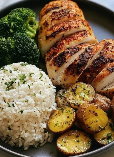 Juicy chicken served with roasted potatoes and broccoli on a plate
