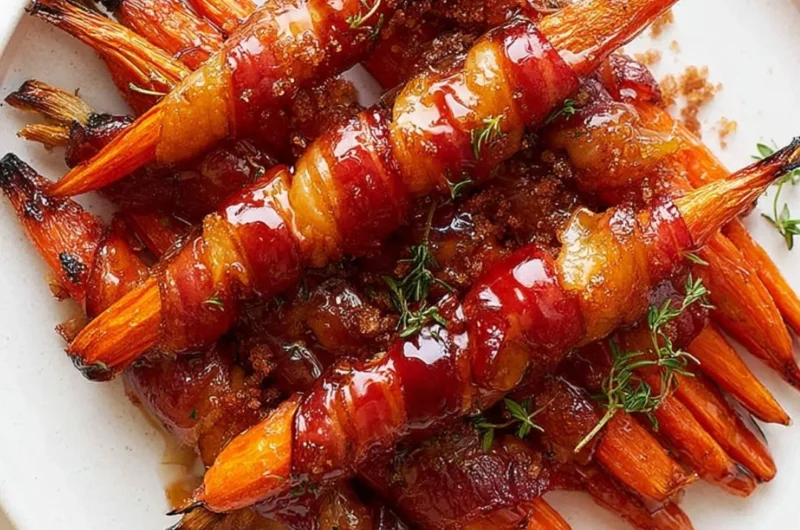 Maple Bacon Carrots dish with crispy bacon and glazed carrots served on a plate.